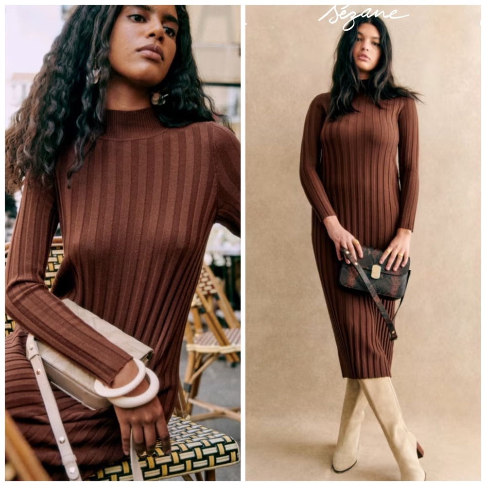 Sezane Katrina Merino Wool Ribbed Midi Dress Brown Long Sleeve Size XS